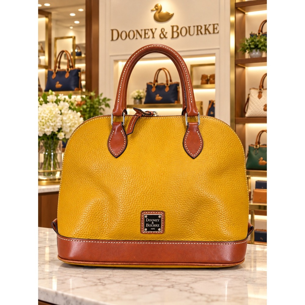 Dooney & Bourke Yellow Pebbled Leather Dome Satchel Bag Tan Trim Gold Hardware